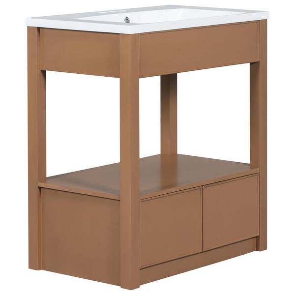 Unbranded 30 in. W. x 18 in. D x 34 in. H Freestanding Bath Vanity in Brown with White Ceramic Top, Bathroom Cabinet