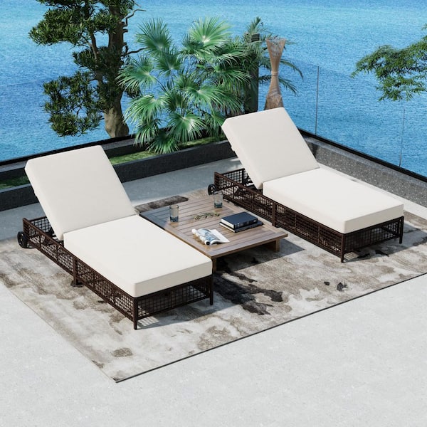 2-Piece Brown Wicker Outdoor Chaise Lounge with Beige Cushions, 5-Position Backrest, Wheels
