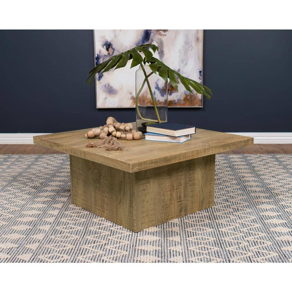 Mango Brown Square Wood Coffee Table with Block Base