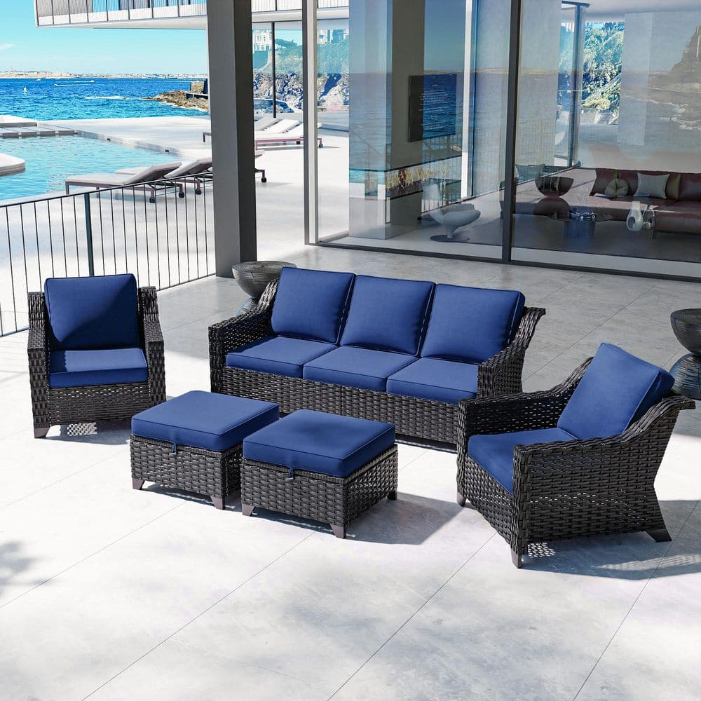 Patio Sofa Set 5-Piece Outdoor Conversation Set with Blue Cushions, 2 Ottomans