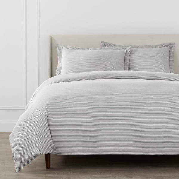 Home Decorators Collection Priscilla 3-Piece Stone Gray Striped Cotton Seersucker King Duvet Cover Set