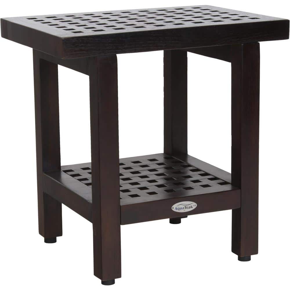 Patented 18 in. x 12 in. Grate Mocha-Shield Freestanding Teak Shower Bench 