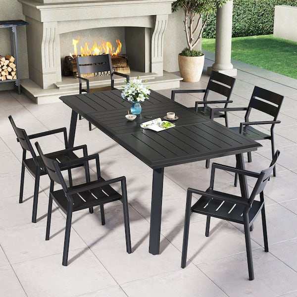 Pellebant 7-Piece Metal Rectangle Patio Outdoor Dining Set in Black