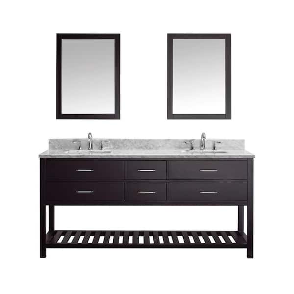 Virtu USA Caroline Estate 72 in. W Bath Vanity in Espresso with Marble Vanity Top in White with Square Basin and Mirror