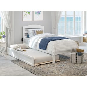 Warren 38-1/4 in. W White Twin Solid Wood Frame with Twin Pull Out Trundle Bed and USB Device Charger Platform Bed