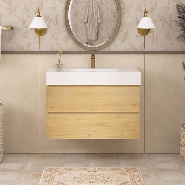 36 in. W x 18 in. D x 25 in. H Single Sink Wall-Mounted Bath Vanity in Oak with White Solid Surface Top
