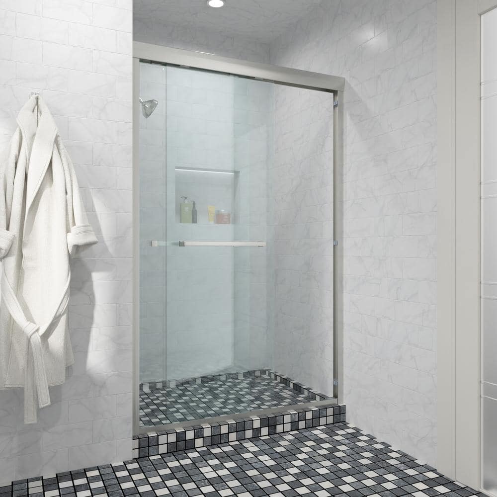 48" Brushed Nickel Semi-Frameless Sliding Shower Door with Clear Glass