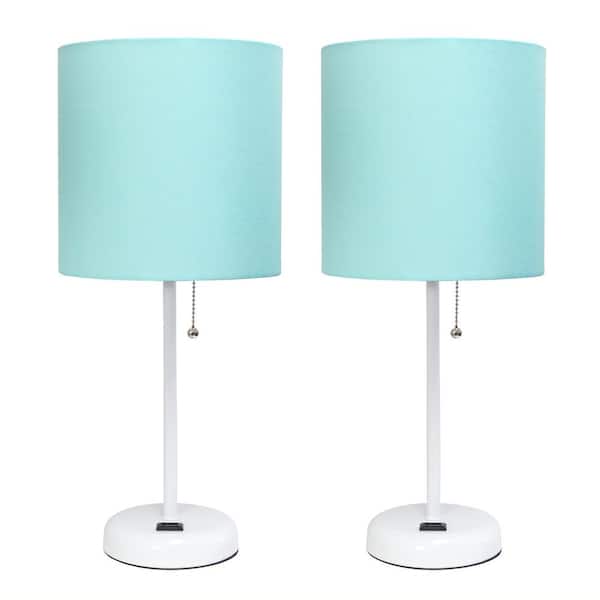 Simple Designs 19.5 in. 2 Pack Aqua White Stick Table Desk Lamp Set for Bedroom with Charging Outlet