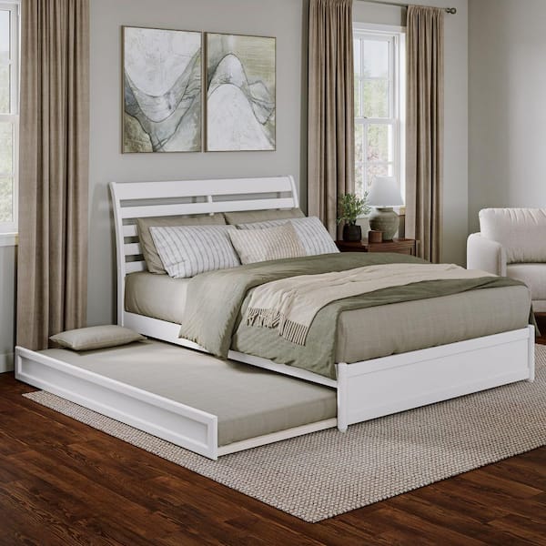 AFI Emelie White Solid Wood Frame Queen Platform Bed with Panel Footboard and Twin XL Trundle