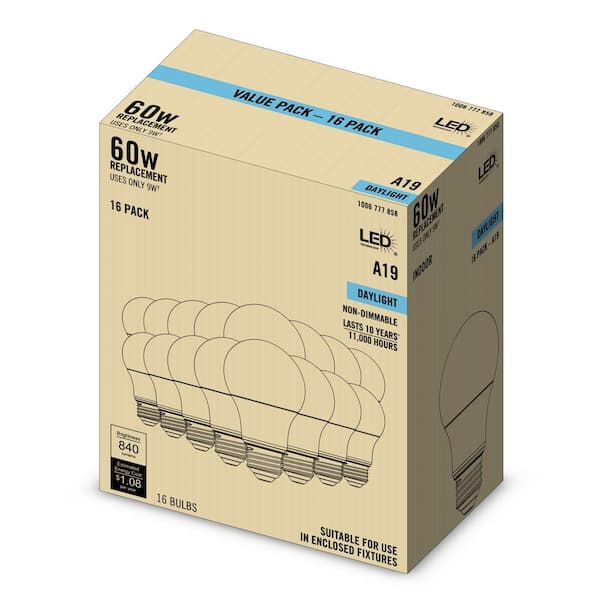 60-Watt Equivalent A19 Non-Dimmable LED Light Bulb Daylight (16-Pack)