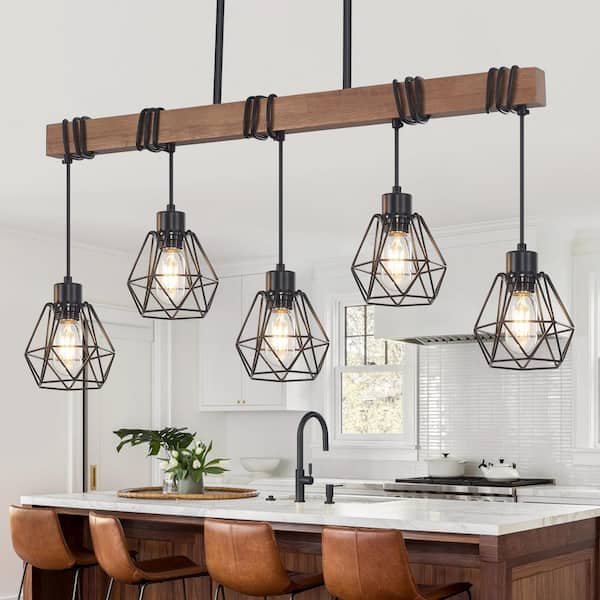 5-Light Rustic Farmhouse Metal and Wood Kitchen Island Pendant Light