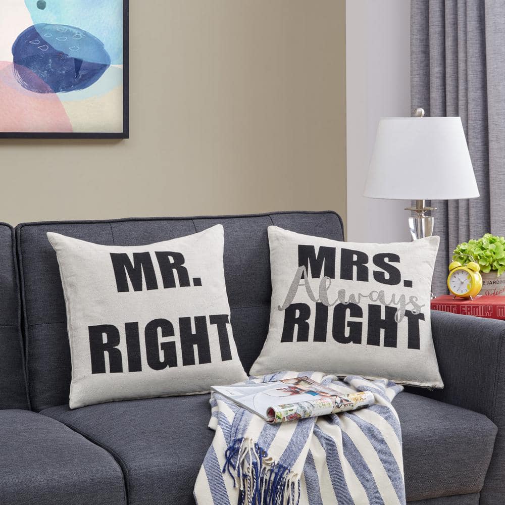 Mr. Right White Cotton Jacquard Square Decorative Pillow