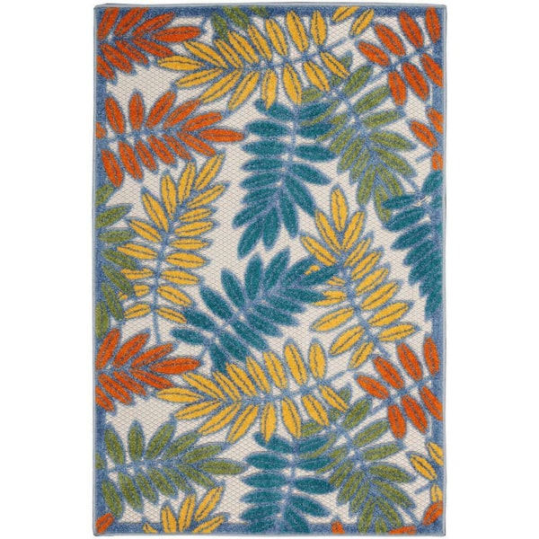 Nourison Aloha Ivory/Multi 3 ft. x 4 ft. Botanical Contemporary Indoor/Outdoor Patio Kitchen Area Rug
