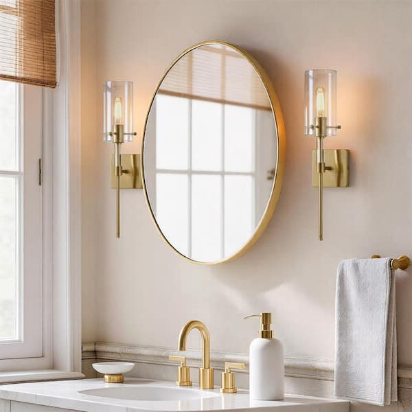 20.25 in. H 1-Light Brushed Gold Modern Cylindrical Armed Wall Sconce Set with Clear Glass Shade (Set of 2)