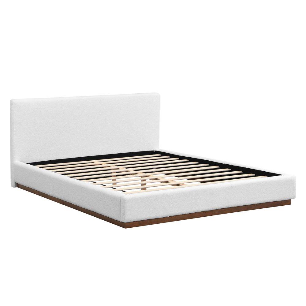 Penn White Boucle Fabric Upholstered Solid Wood Frame Queen Size Platform Bed with Headboard - thumbnail 9