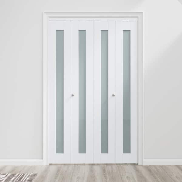 ARK DESIGN 48 in. x 80 in. 1-Lite Frosted Glass Solid Core White Finished MDF Pantry Pivot Bi-fold Door with Pivot Hardware