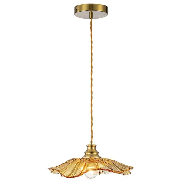 11.02 in. 1-Light Modern Amber Hanging Pendant Light with Flower Shaped Glass Shade for Bedroom, Kitchen Island