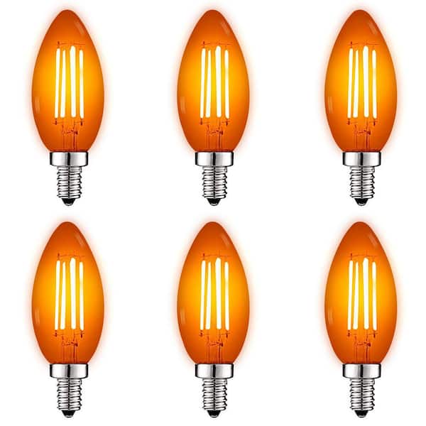 LUXRITE 40-Watt Equivalent E12 Base LED Candle Light Bulb, 4.5-Watt, Colored Glass Candelabra Bulb, UL Listed in Orange (6-Pack)