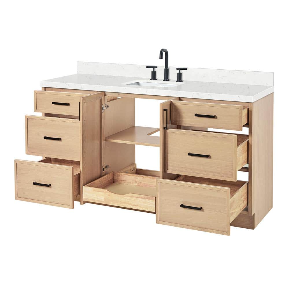 Kelly 66" Light Oak Freestanding Vanity with Carrara Quartz Top