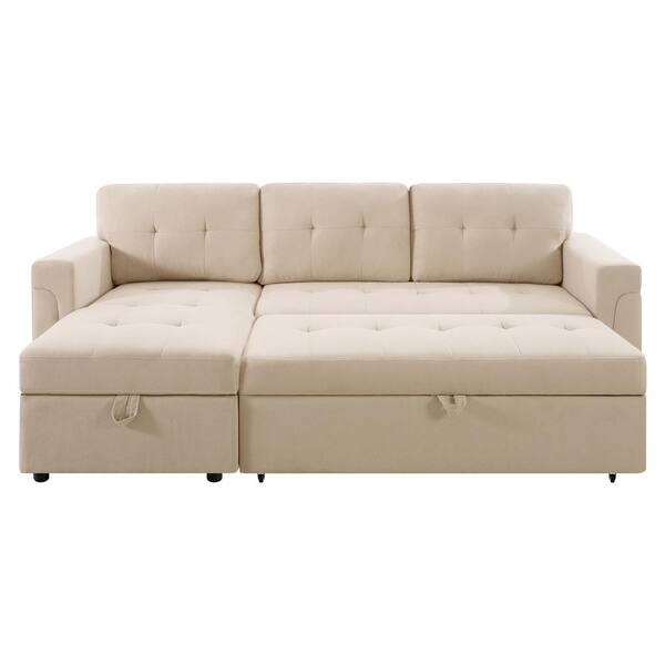84.64 in. W Square Arm 1-Piece Velvet L-Shaped Sectional Sofa in Beige with Chaise