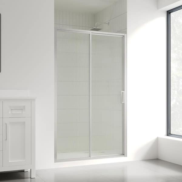 OVE Decors Stanford 47.99 in. W x 74.02 in. H Sliding Framed Shower Door with Fluted Glass in Satin Nickel