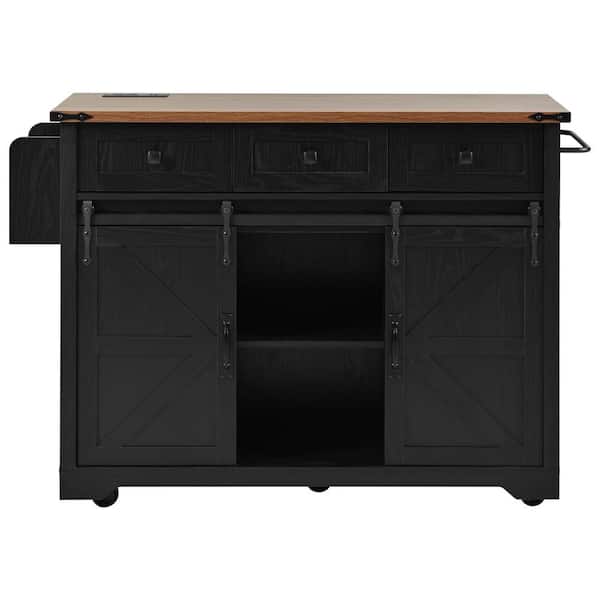 Unbranded Black Wood 53.7 in. Kitchen Island with Power Outlet, 2 Sliding Barn Door, Drop Leaf, Spice Rack, Wheels