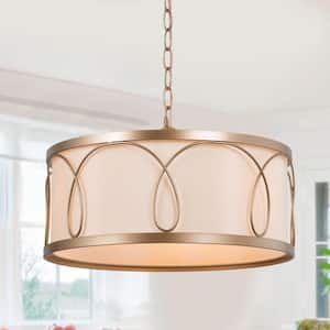 Modern Farmhouse Gold Pendant Light, 3-Light Transitional Drum Kitchen Chandelier with Fabric Shade for Dining Room