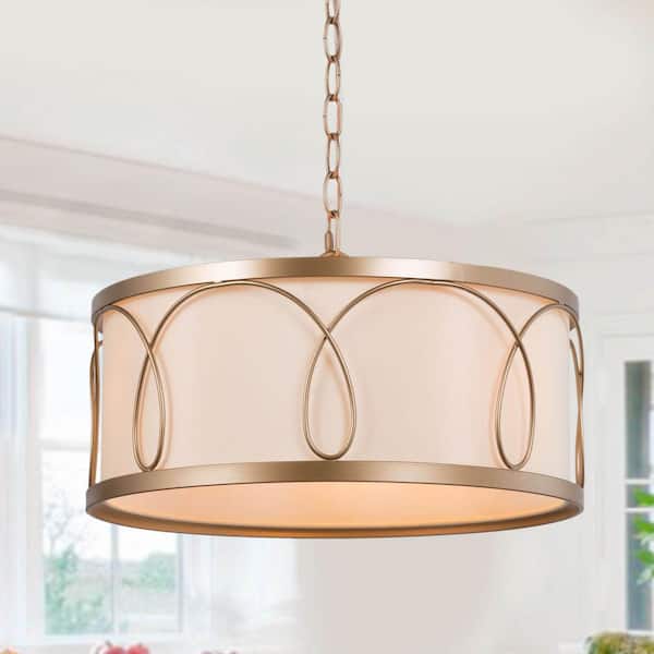 Uolfin Modern Farmhouse Gold Pendant Light, 3-Light Transitional Drum Kitchen Chandelier with Fabric Shade for Dining Room