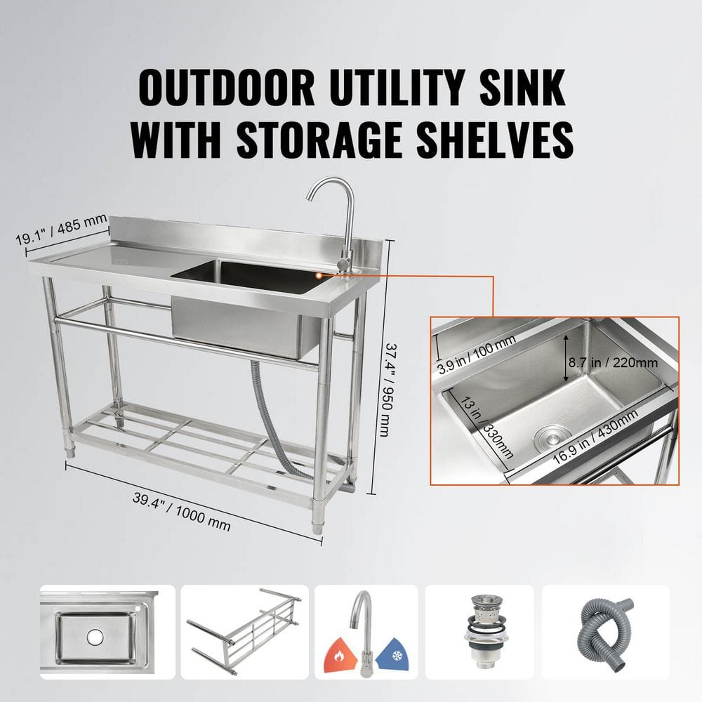 Stainless Steel Freestanding Utility Sink with Faucet and Workbench