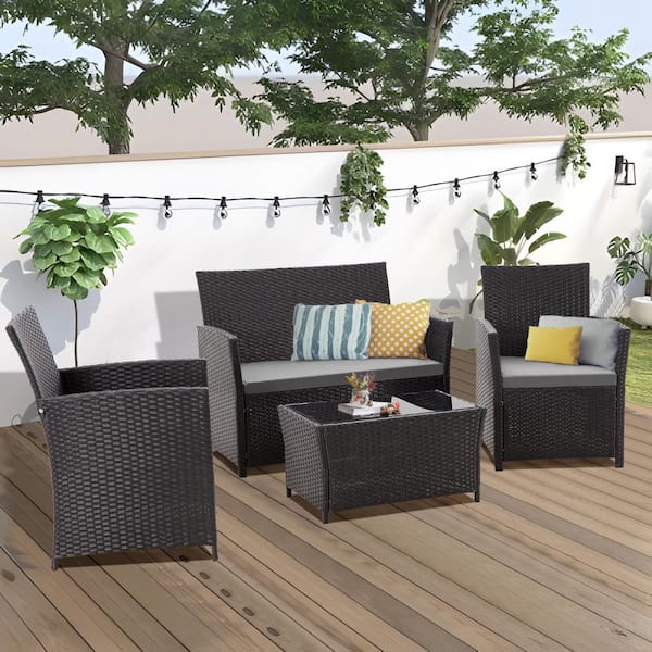 JUSKYS Classic Black 4-Piece Outdoor Patio PE Wicker Conversation Furniture Set With Iron-Gray Cushions and Table
