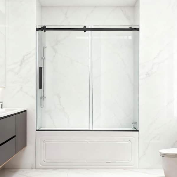 56 to 60 in. W x 62 in. H Single Sliding Frameless Tub Door in Matte Black with 5/16 in. Tempered Clear Glass