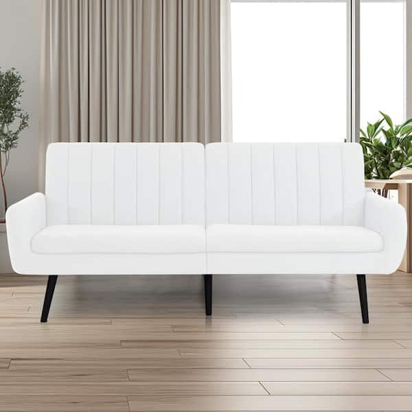 MAYKOOSH White Modern Futon Sofa Bed, Convertible Sofa Futon, Split Back Linen Sleeper Couch with Tapered Legs