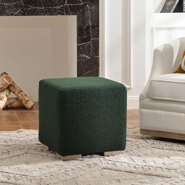KINWELL Green Boucle Upholstered Square Ottoman with Solid Wood