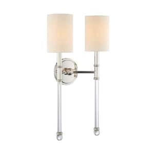 Fremont 13 in. W x 21 in. H 2-Light Polished Nickel Wall Sconce with White Fabric Shades