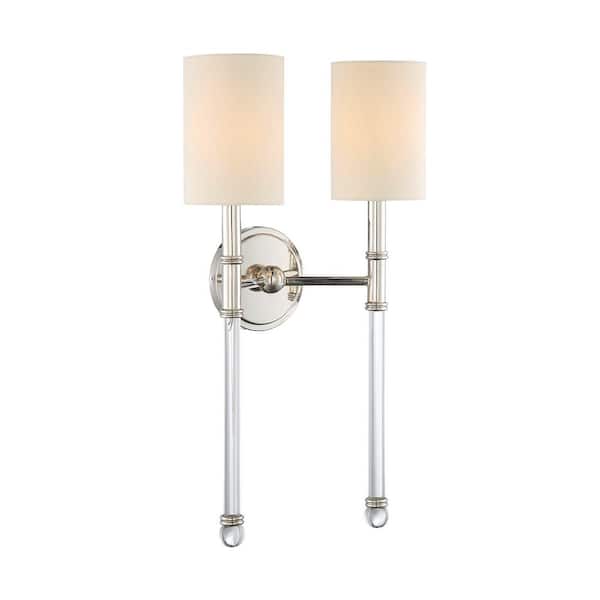 Savoy House Fremont 13 in. W x 21 in. H 2-Light Polished Nickel Wall Sconce with White Fabric Shades