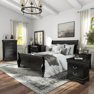 6-Piece Burkhart Black Wood Queen Bedroom Set with Dresser and Mirror