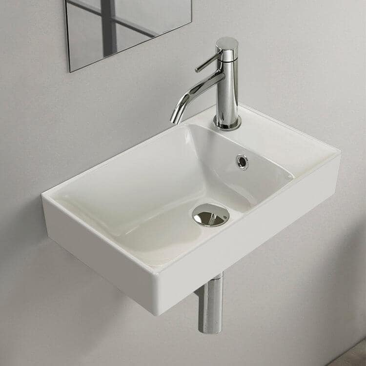 White Ceramic Rectangular Wall-Mount Bathroom Sink with Overflow