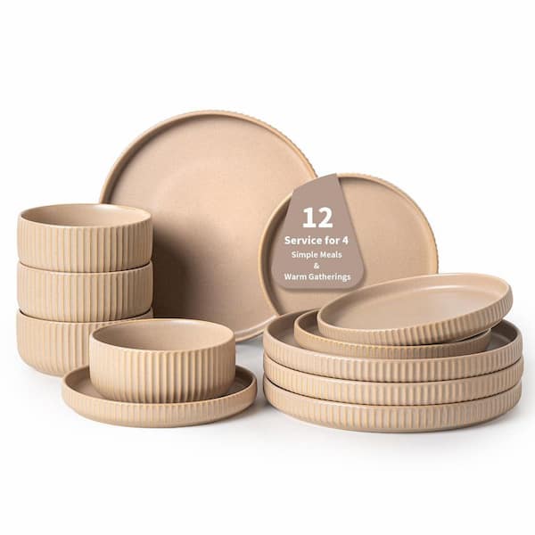 Stoneware Dinnerware Set for Four with Reactive Matte Khaki Beige Glaze, 12-Piece Service for Four Kit