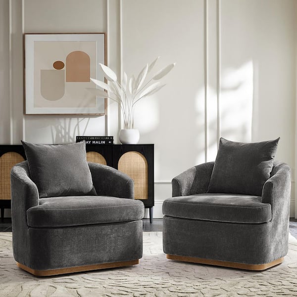 Irene Grey Polyester Swivel Armchair with Solid Wood Legs Set of 2