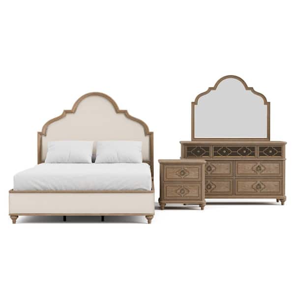 Brightwell 4-Piece Rustic Oak Wood King Panel Bedroom Set with Nightstand and Dresser/Mirror