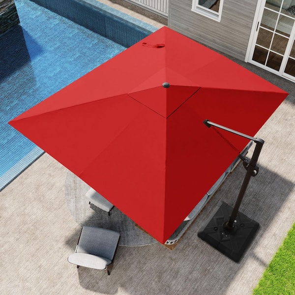 Pellebant 11 ft. x 9 ft. Rectangular Aluminum 360° Rotation Cantilever Patio Umbrella in Red with Fillable 220 lbs. Umbrella Base
