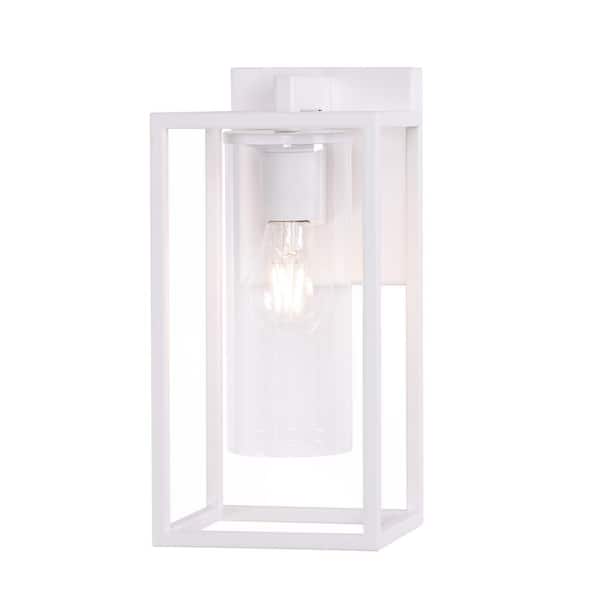 12.2 in. White Hardwired Outdoor Wall Light Lantern Sconce with No Bulbs Included with Circle Clear Glass
