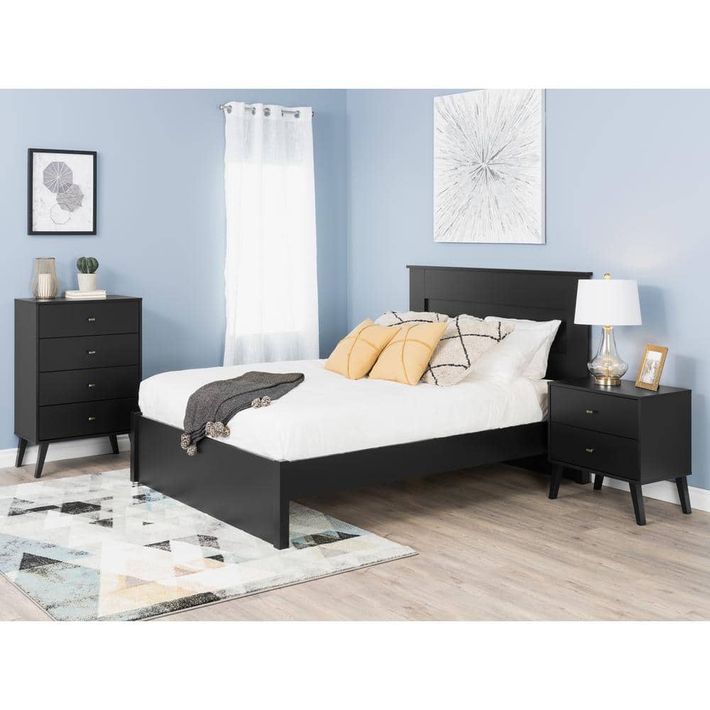 Black Mid-Century Modern 2-Drawer Nightstand with Brass Knobs