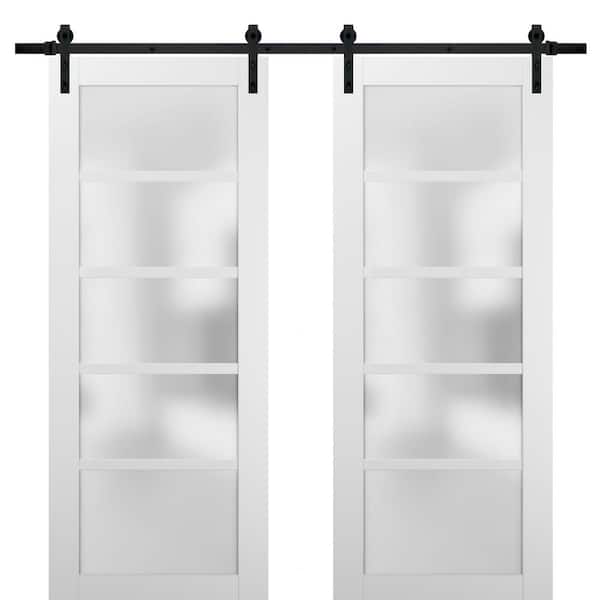Sartodoors 56 in. x 80 in. 5 Lites Frosted Glass White Finished Pine Wood MDF Sliding Barn Door with Hardware Kit