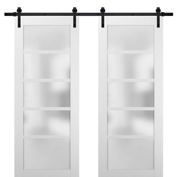 Sartodoors 64 in. x 80 in. 5 Lites Frosted Glass White Finished Pine Wood MDF Sliding Barn Door with Hardware Kit