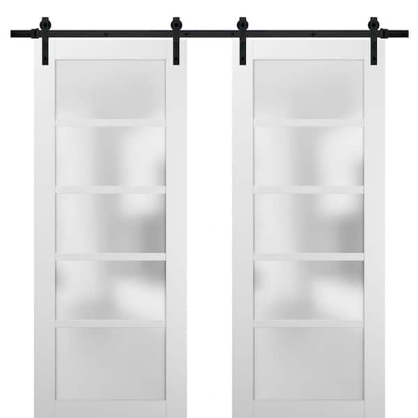 Sartodoors 84 in. x 96 in. 5-Panel 5 Lite Frosted Glass White Finished Solid Pine MDF Sliding Barn Door with Hardware Kit