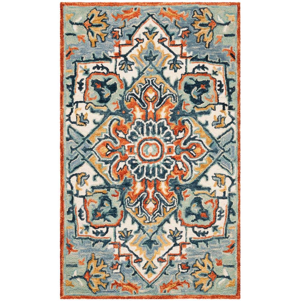 Handmade Tufted Round Blue Floral Wool Accent Rug 24"