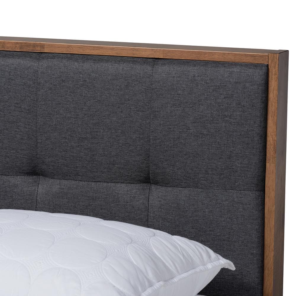 Full Dark Grey Upholstered Walnut Wood Platform Bed