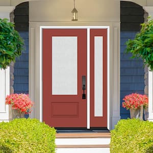 Legacy 53 in. W. x 80 in. 3/4-Lite Rain Glass LHIS Primed Morocco Red Finish Fiberglass Prehung Front Door 14 in. SL