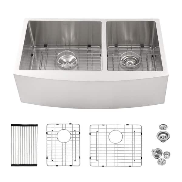 33 in. Drop-In Double Bowl 16-Gauge Brushed Nickel Stainless Steel Kitchen Sink with Dish Grid and Drain Assembly